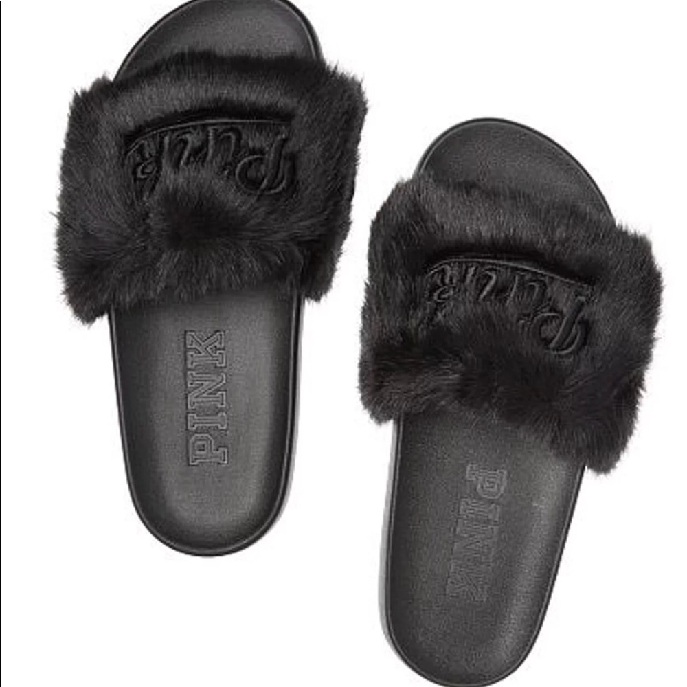 VS PINK FAUX FUR BLACK SANDAL SLIDES